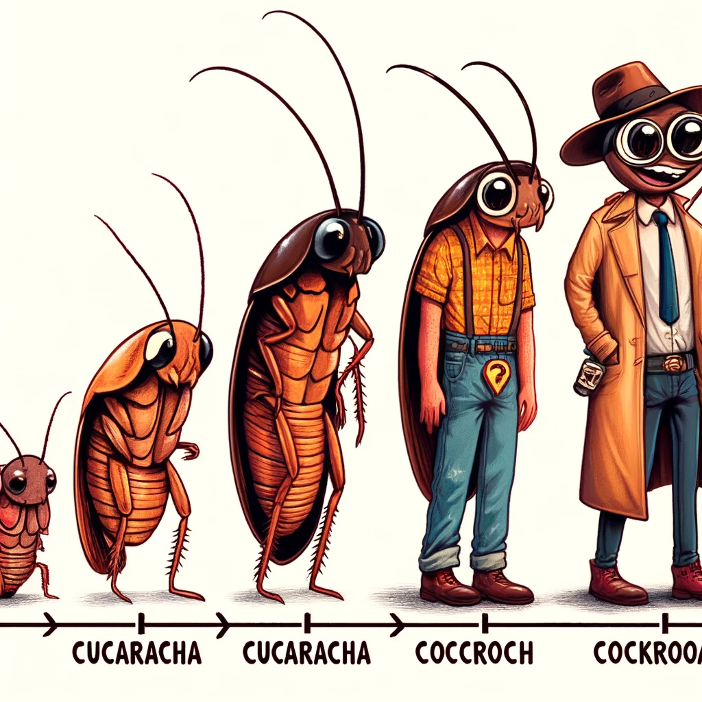 cartoon image showing the evolution of the word 'cockroach' from 'cucaracha.'
